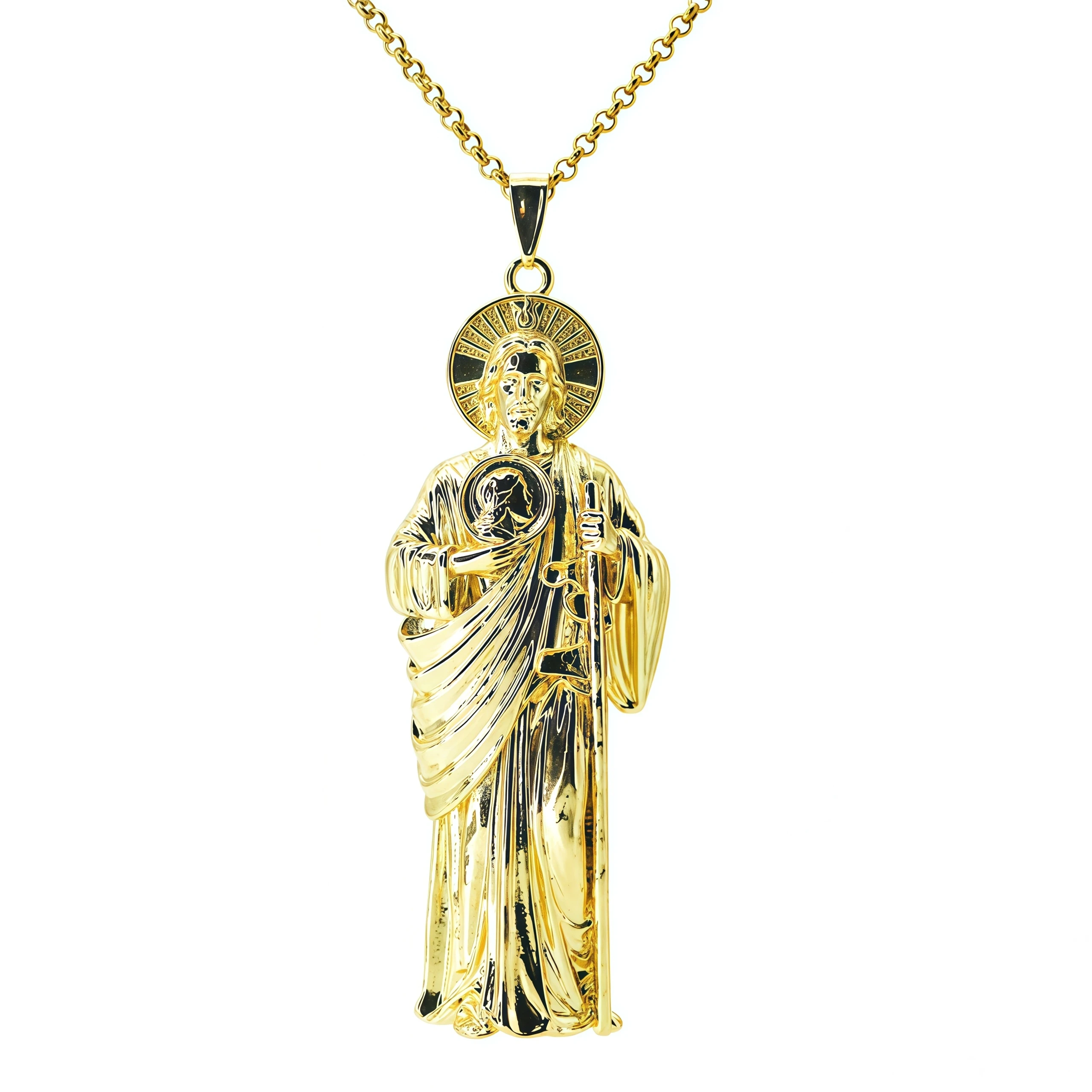 Gold Plated Large 3D St Jude Pendant Necklace Heavy San Judas Tadeo Catholic Religious Faith Amulet Jewelry for Men Gift