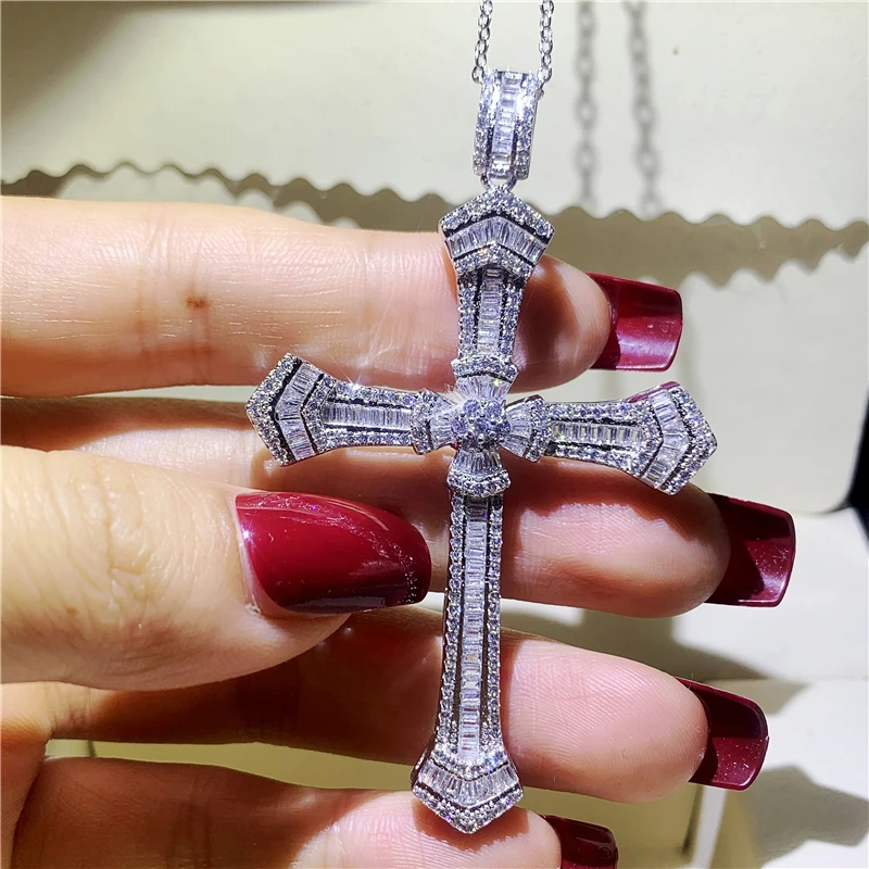 Shinning Unique Brand Luxury Jewelry 925 Silver Color Princess Cut White Pave 5A Cubic Zirconia Party Cross Pendant Necklace