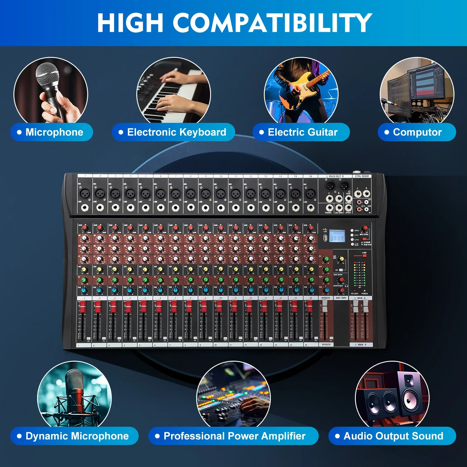 Mixer audio da studio Bluetooth 16CH Interfaccia audio Console di missaggio scheda audio