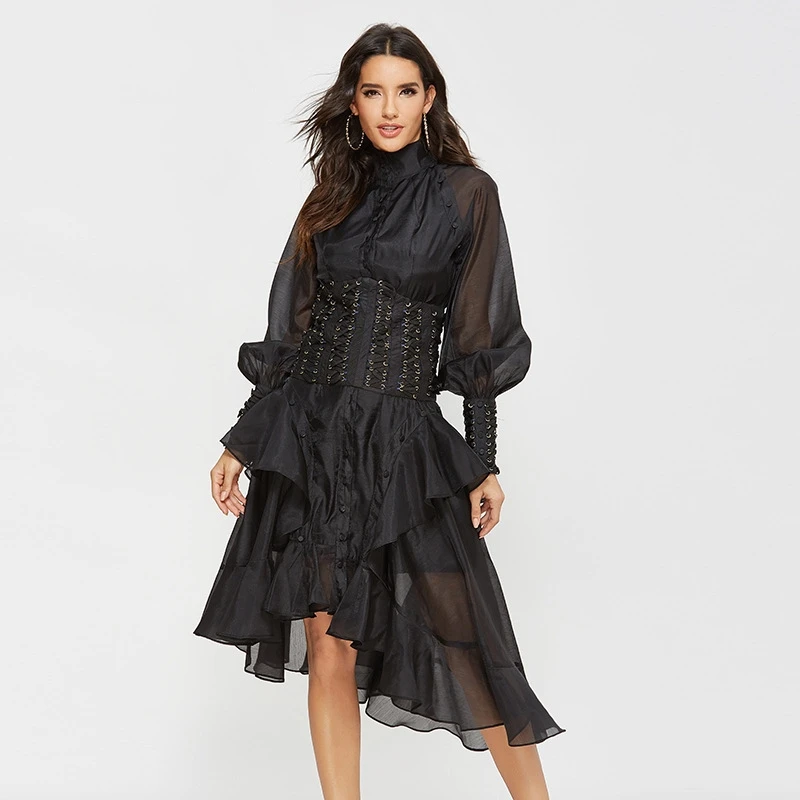 

Black Mesh Dresses For Women Tunic Lace Up Spliced Folds Long Sleeve High Waist Irregular Ruffles Hem Dress Female Fashion Style