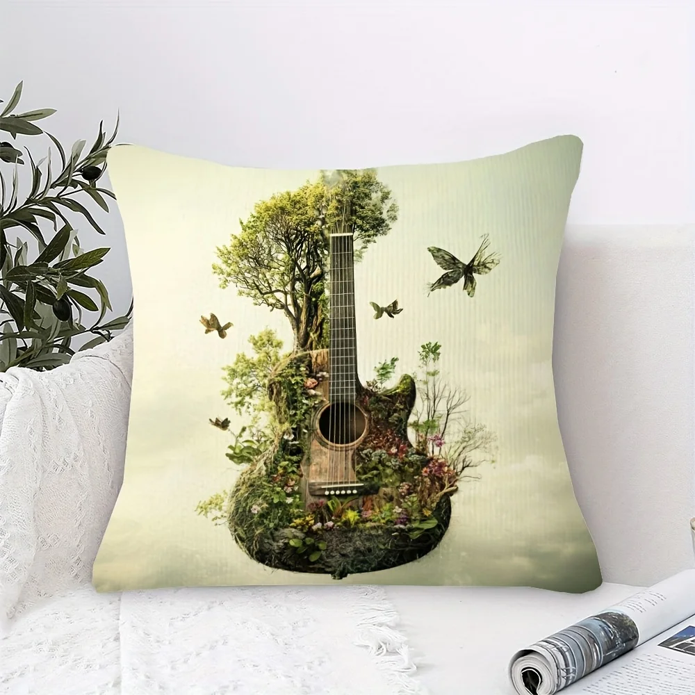 Music is My Life Guitar Double-Sided Pillowcase, Floral Butterfly and Instrument Cushion Cover with Zipper, Washable Decor Case