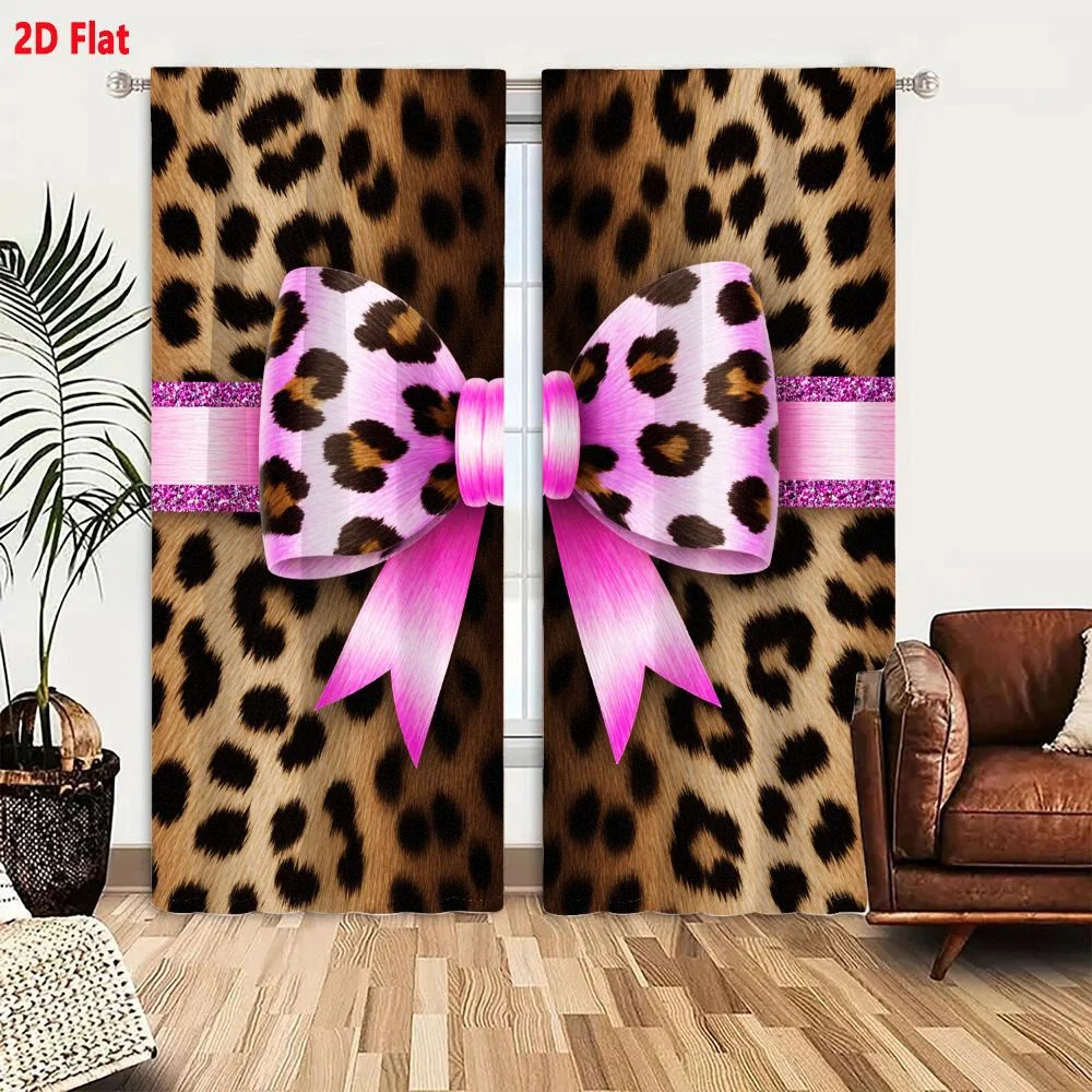 2Pcs Curtains 2D Flat Pink Leopard Print Bow With Glossy Center Knot Solid Pink Ribbon Ends And Glittery Band Window Drapes for