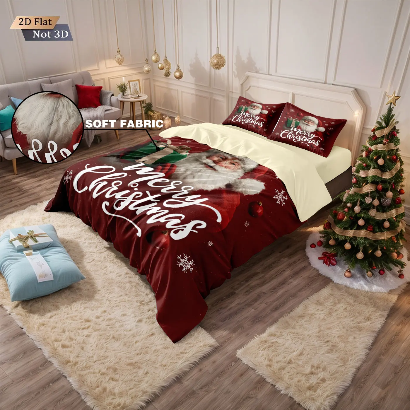 3pcs Merry Christmas, Santa Claus printed chipless duvet cover set, multi size bedroom bedding decoration, machine washable