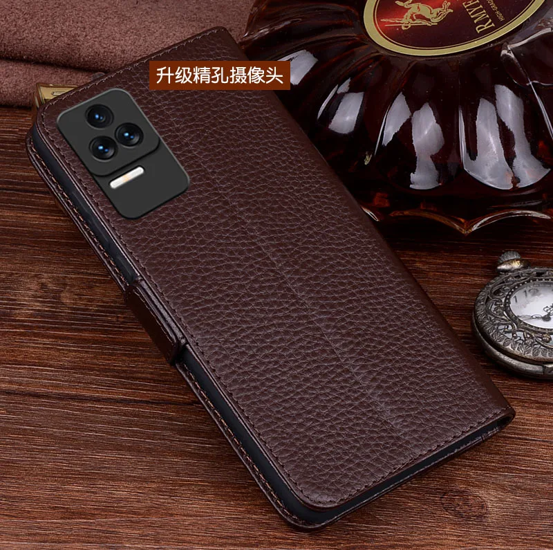 Sales Luxury Lich Genuine Leather Flip Phone Case For Xiaomi Redmi K50 K40s Pro Real Cowhide Leather Shell Full Cover Pocket Bag