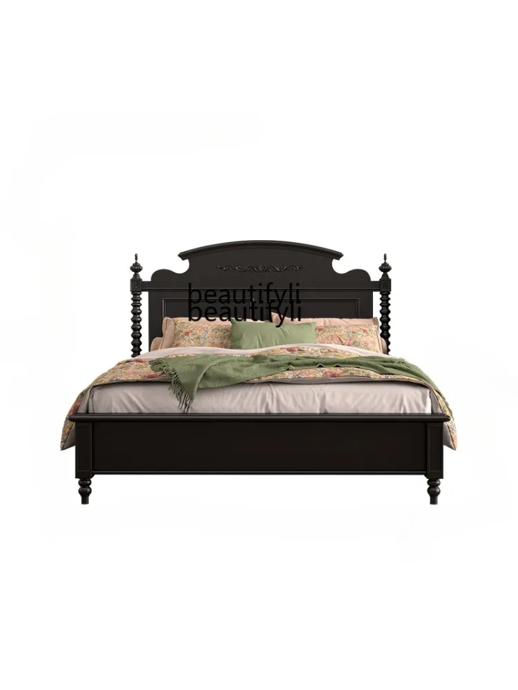 French Retro Solid Wood Black Master Bedroom Bed American High-End Elegant Light Luxury Double Bed Storage  Marriage Bed