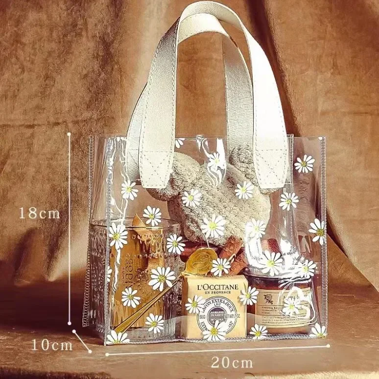 1pcs Thickened Daisy Transparent PVC Bag With Handle Wedding Birthday Party Gift Bags Shoping Bag