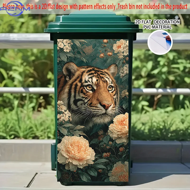 [2D Flat Printing] 1pc 2D Pattern Printed Kitchen Trash Can Sticker, X Cm Tiger Roar in Deep Flowers Theme Kitchen Home Decor