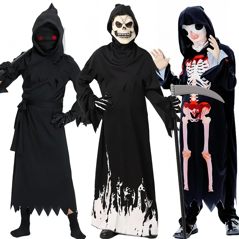 Scary Skeleton Clothes Halloween Grim Reaper Cosplay Costume Send Scythe Props Children Glowing Red Eyes Grim Reaper Ghost Robe