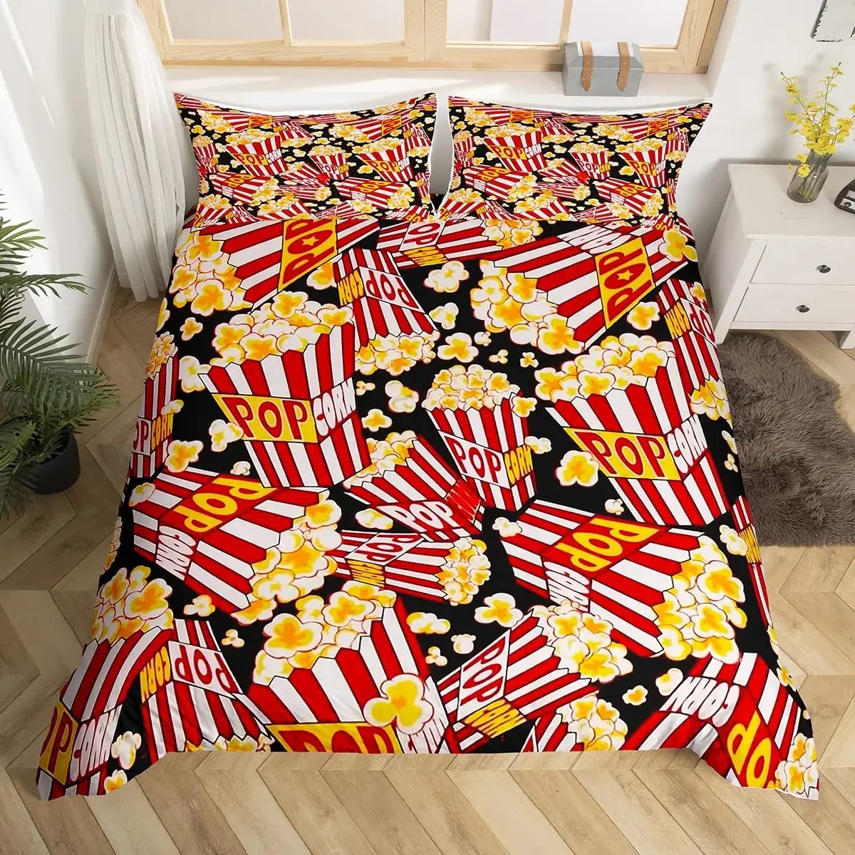 Popcorn King Queen Twin Duvet Cover Vintage Movie Theater Comforter Cover Cinema Poster Design Bedding Set Polyester Quilt Cover