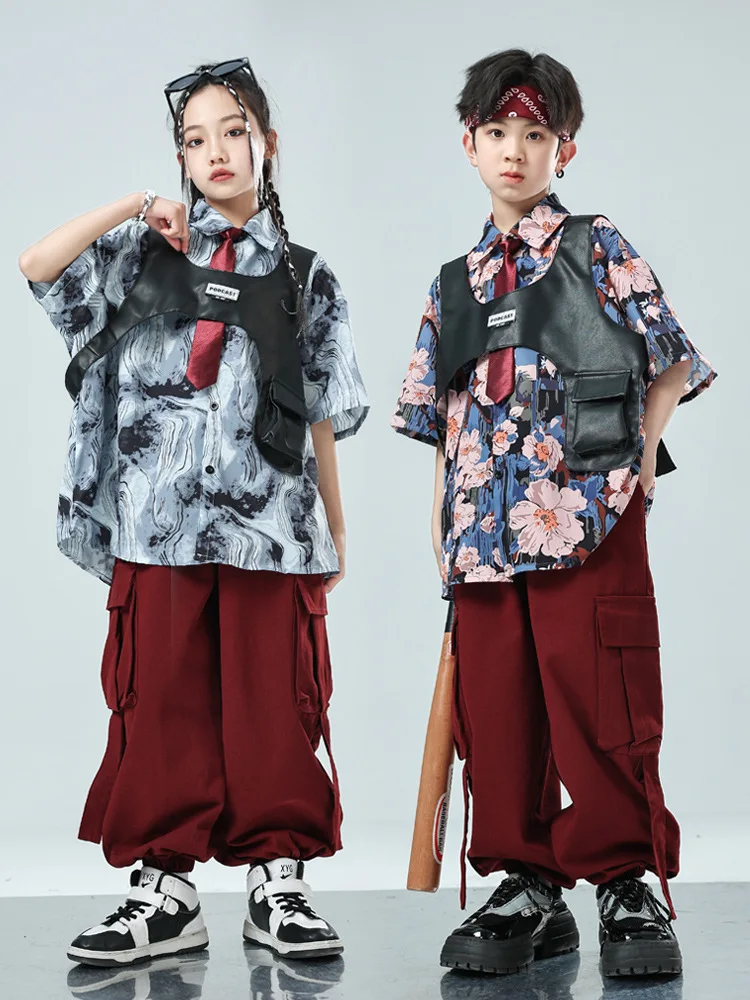 

Kid Hip Hop Clothing Vintage Floral Shirt Vest Top Wine Red Casual Cargo Jogger Pants for Girl Boy Jazz Dance Costumes Clothes