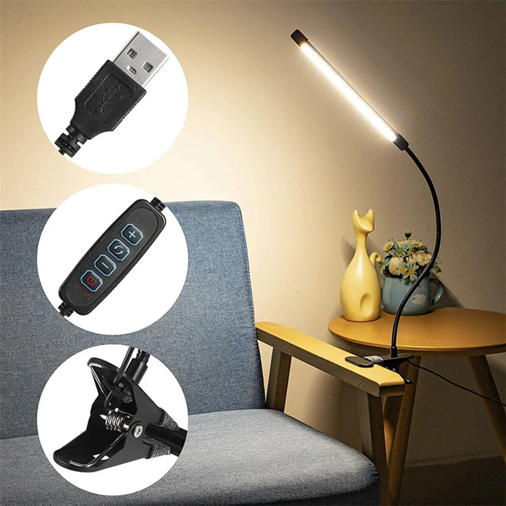 

LED Clip Hose Lamp Flexible Eye-protection Table Clip Light USB 3 Gears Lighting Dimmable Reading Lamp for Bedside Study