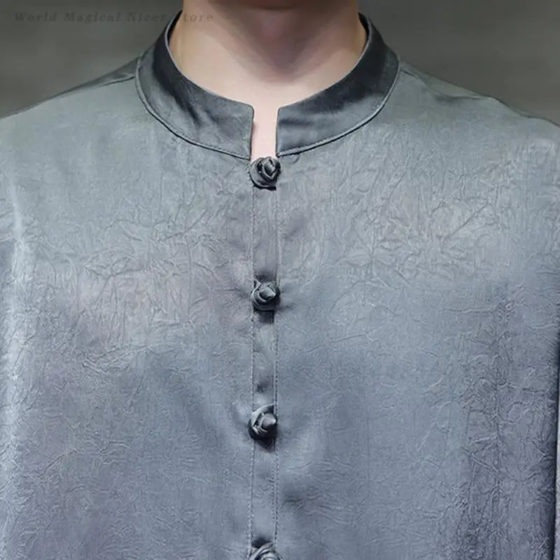 New Chinese Style Men Satin Tang Suit Hanfu Top Mandarin Collar Frog Buttons Vintage Casual Tai Chi Shirt Plus Size 5Xl