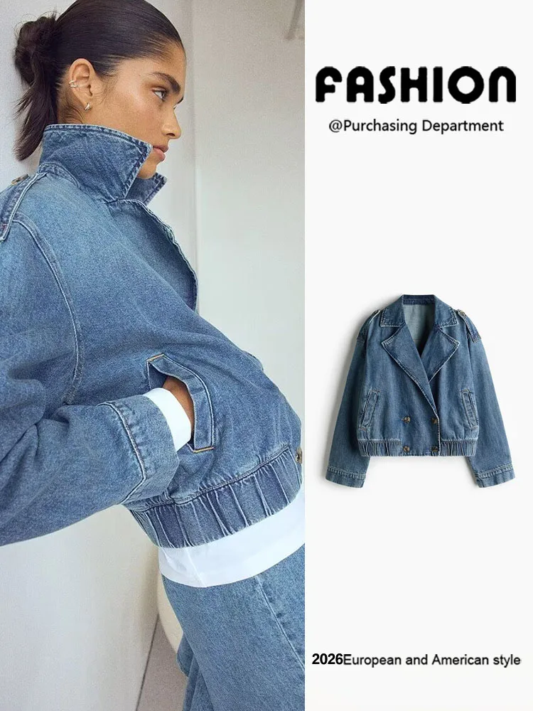 Fashionable Women's Denim Jacket Autumn New Arrival Long Sleeve Turn-down Collar Double Button Short Coat Stylish Versatile