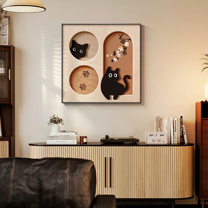 

2025 New Cream Style Living Room Decorative Paintings Artistic Cartoon Cat Bedroom Murals Wall Art Stickers Vintage Home Decor