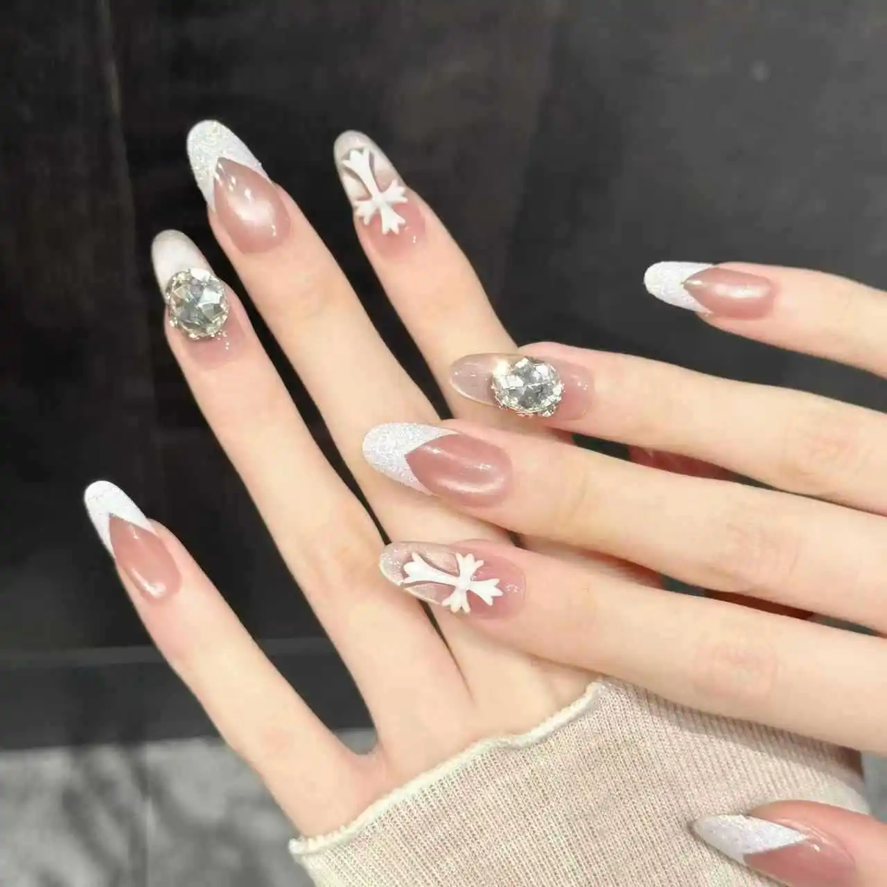 10Pcs Pure Hand-Pressed Oval Nail Art, Pretty False Nails, Pink Cat Eye, Bows, Florals, Lace, Pearls, Diamond, Perfect For Women