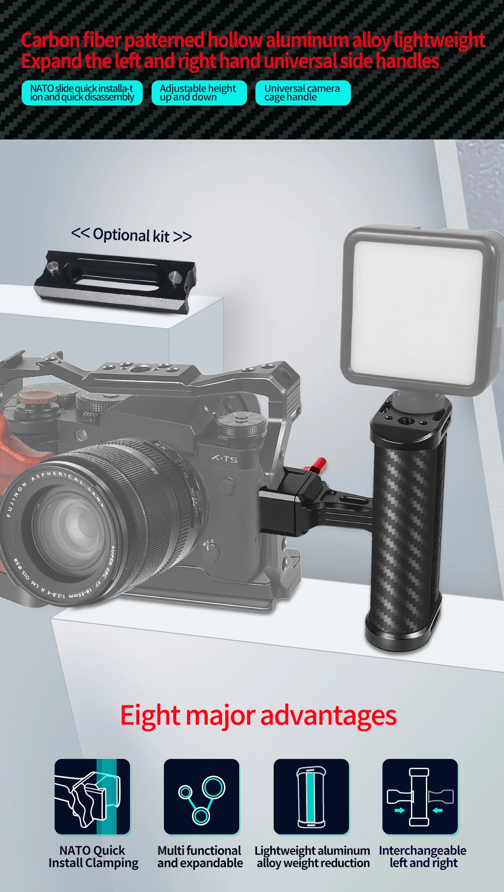 Leichte NATO-Schienenklemme, seitlicher Griff oben, Schnellverschluss-Aluminiumlegierung für Sony Canon Nikon DSLR-Videokamera-Käfig-Rigs – Detail 1
