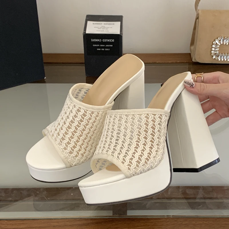 Women Hollow Mesh Platform Sandals Breathable Fishnet Chunky Block Super High Heel Open Toe Slip On Slippers Sandalias Mujer