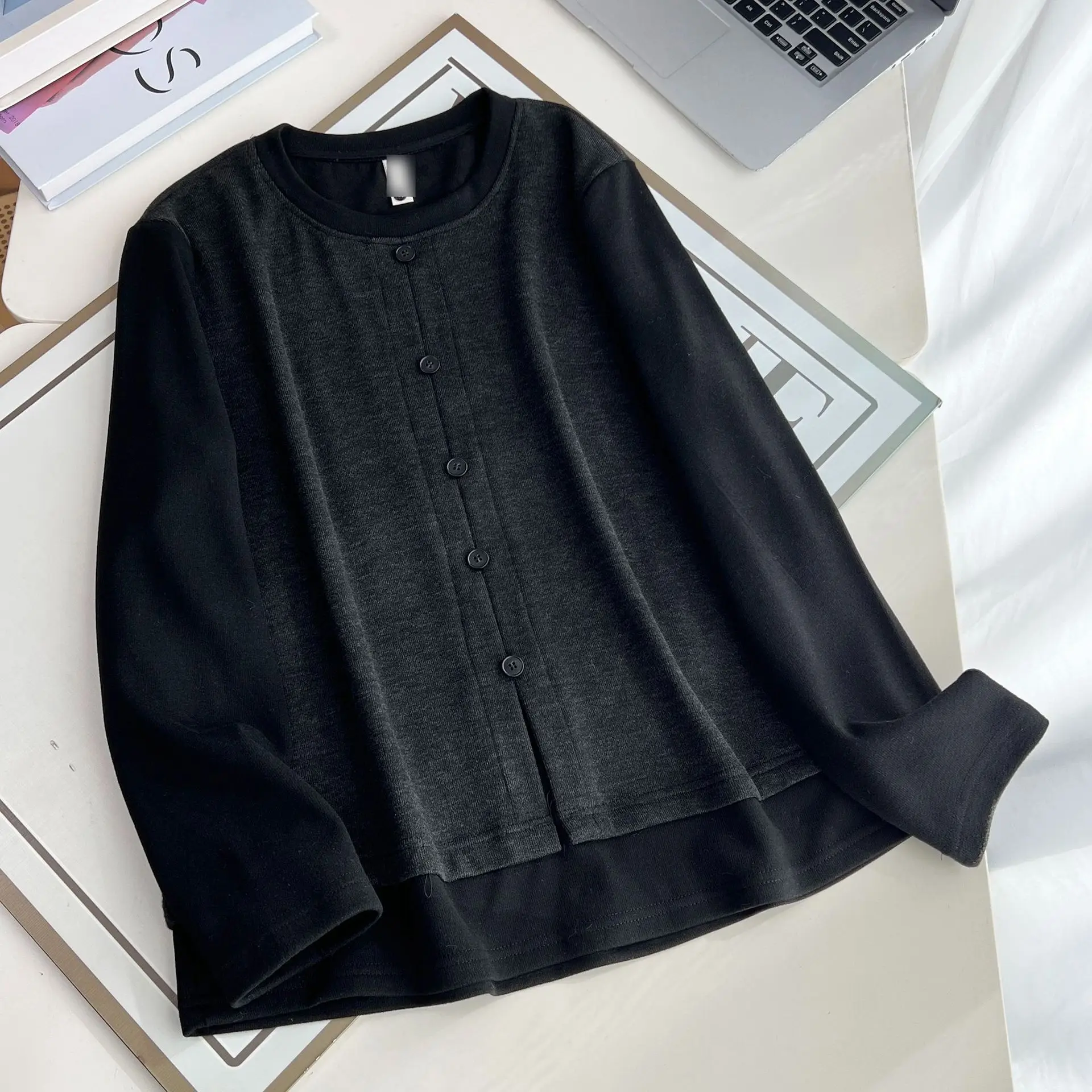 XXXXL موضة حجم كبير ملابس امرأة تي شيرت وهمية قطعتين الصوف الدافئة طويلة الأكمام الخريف الشتاء الجولة الرقبة داخل القمم 2521 #6