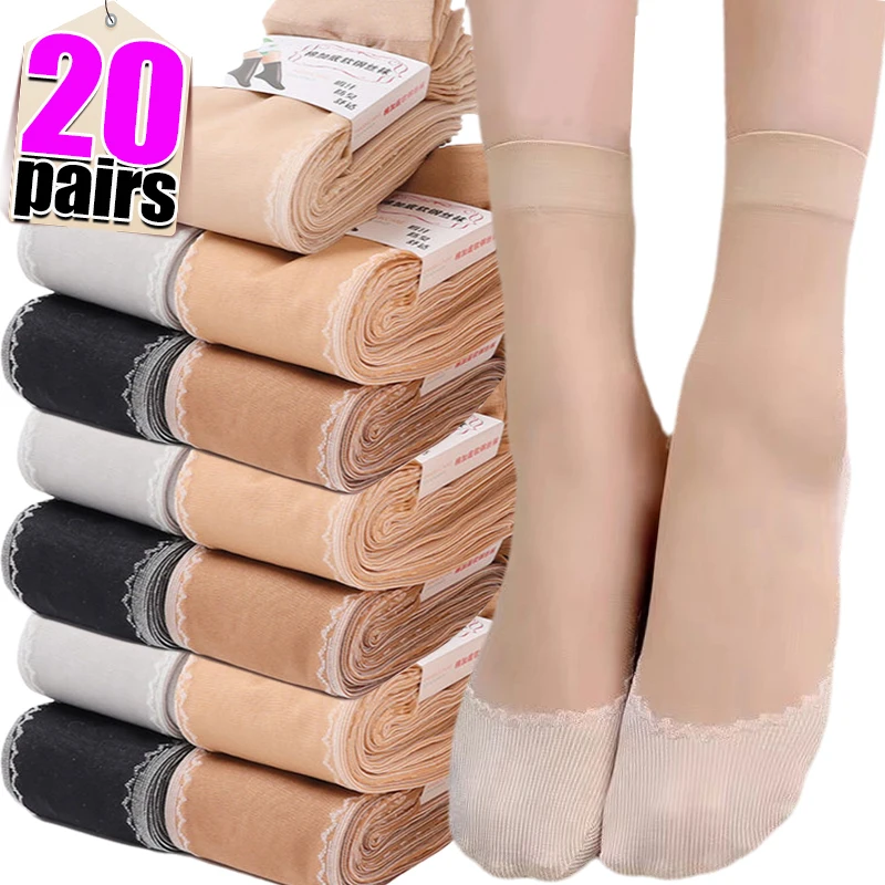 1/20pairs Womens Short Socks Ultrathin Elastic Lace Transparent Sock Woman Summer Breathable Non-Slip Bottom Splice Cotton Sock