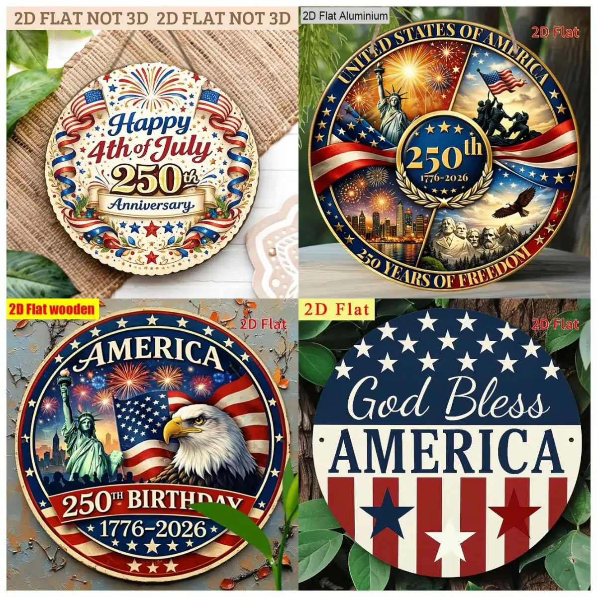 2D Flat Wooden Round Sign United States 250th Anniversary 1776 2026 Freedom Wall Hanging Door Decor Plaque