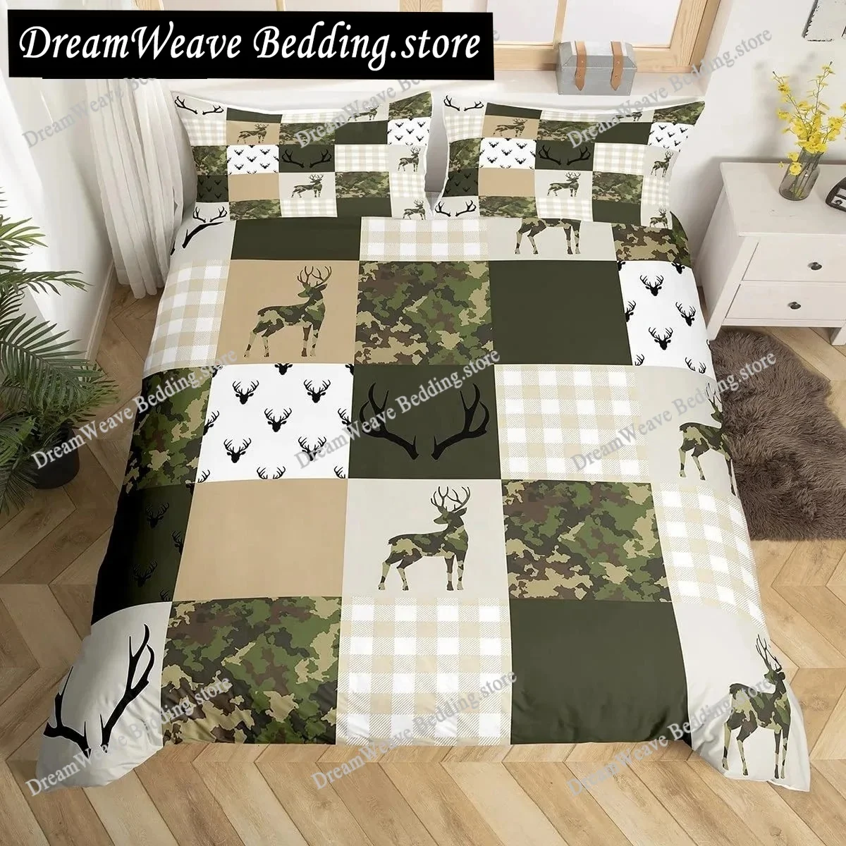 

Camo Deer Duvet Cover Set Antlers Arrow Pattern Bedding Set Stripes Gird Camouflage Comforter Cover Microfiber King Quilt Cover