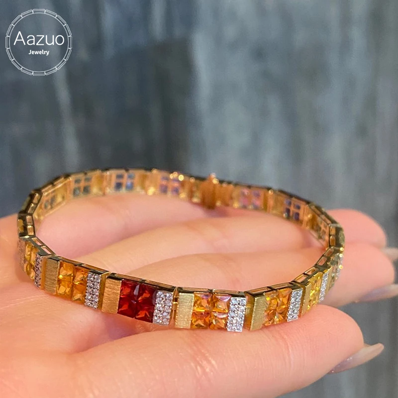 Aazuo 18K Solid Yellow Gold Natrual Clour Sapphires Real Diamonds Rainbow Bracelet For Woman Upscale Trendy Engagement Party