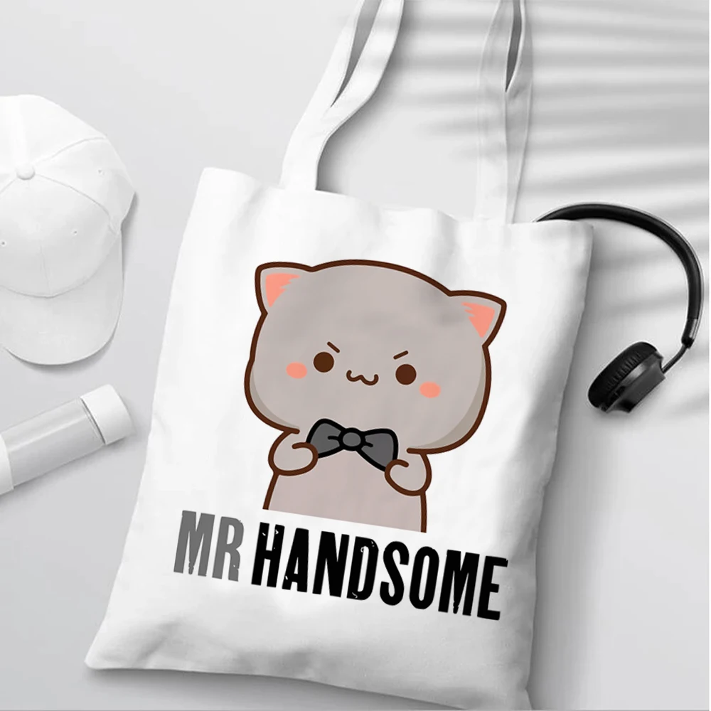 Peach and Goma Mochi Cat Love Print Shopping Bags for Women Canvas Tote Bags Handbag Reusable Cartoon Shopping Bag Female