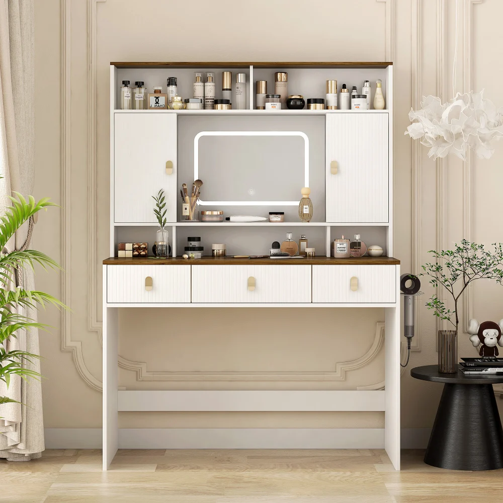 

Farmhouse dressing table, 43-inch wide dressing table with lighting mirror and makeup drawer