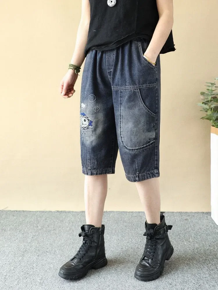 New Summer Embroidered Washed Thin Denim Pants Women's Vintage Artistic Loose Harlan Pants Women's Lightweight Classic Style