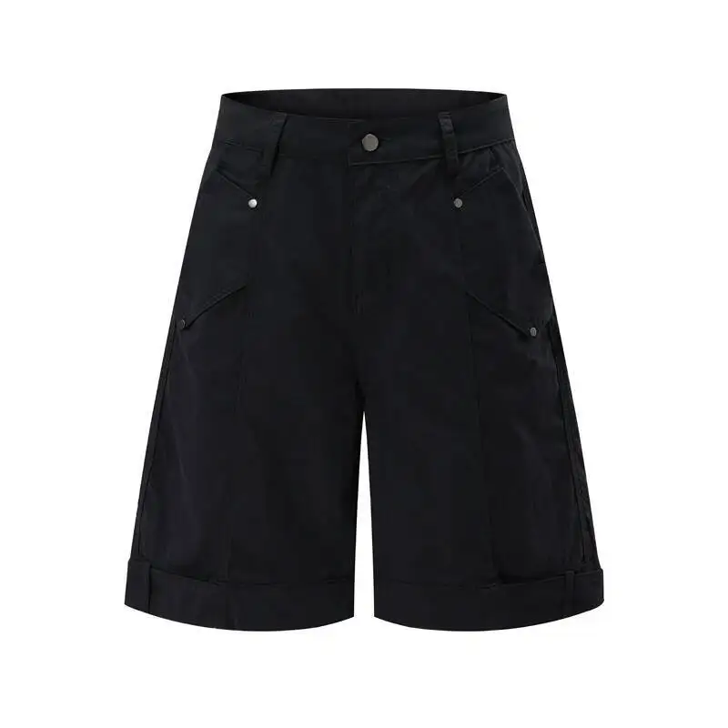 

Summer Trendy Men's Shorts American Style High Street Rivet Fashion Design Straight Wide Leg Black Knee Length Pants
