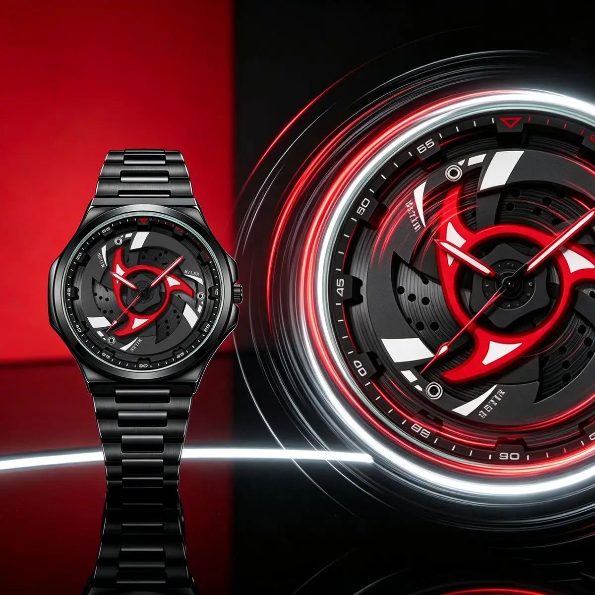 Fashion 360 Rotatable Turbine Dial Men Watch Red Sharingan Steel Band Male Quartz Wristwatch