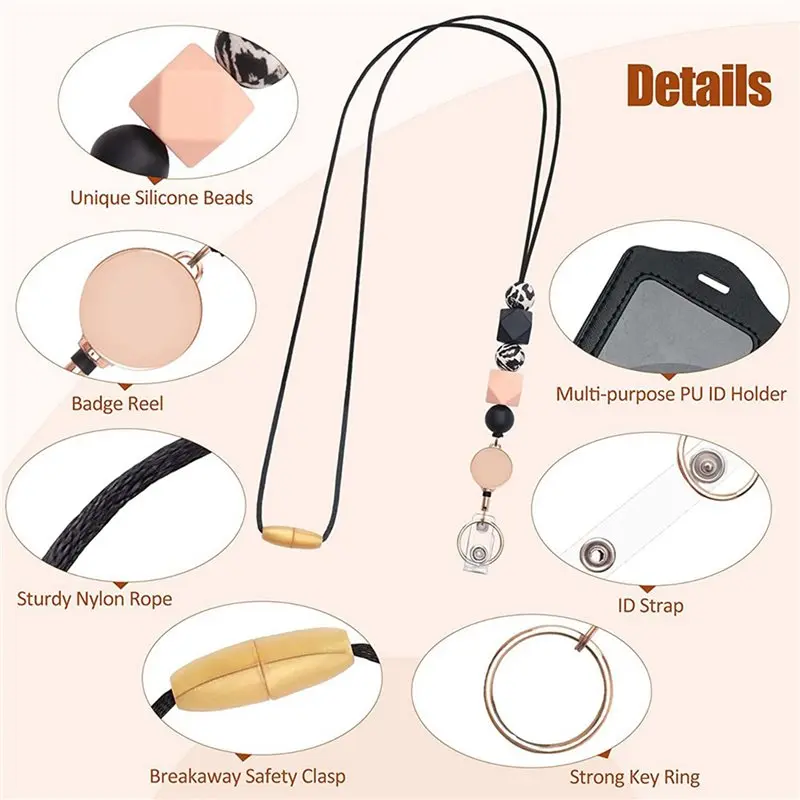 Exquisite-2X Retractable Lanyards For ID Badges And Keychain With PU Leather Holder Teacher Lanyards Breakaway For Women Black