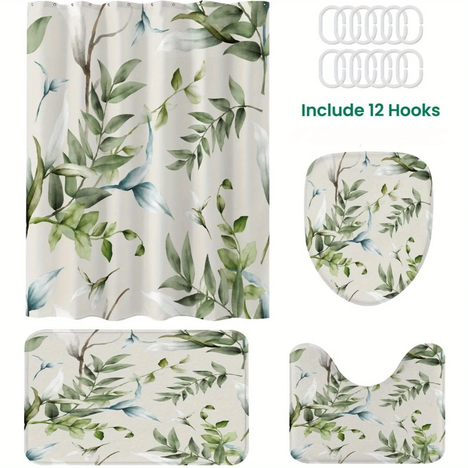 

4pc Luxury watercolor leaf pattern, machine washable, polyester fabric, shower curtain, toilet mat, non-slip mat, U-shaped mat