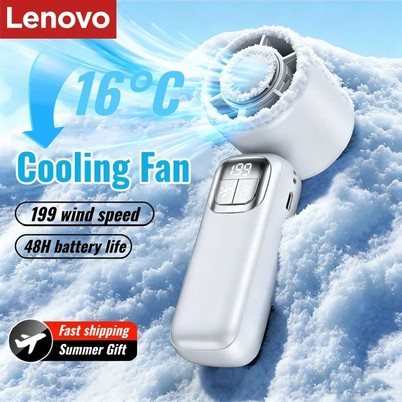 Ventilador Portátil Lenovo 199, Resfriador de Alta Velocidade, Recarregável via USB, Ventilador Turbo Sem Escovas para Viagens ao Ar Livre e Escritório