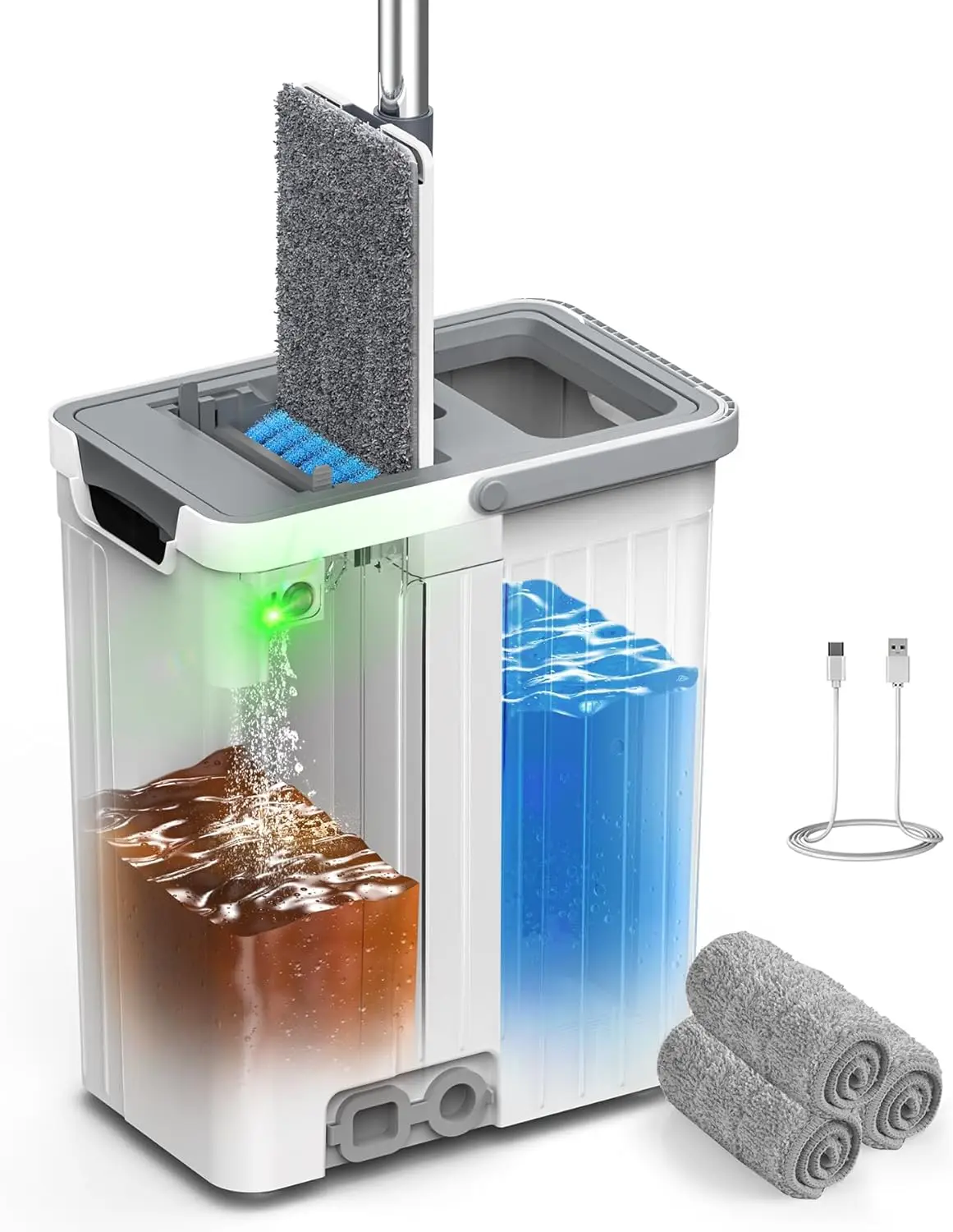 

Auto Pump Mop and Bucket Set with 3-Zone Water Separation, Flat Mop System, Wringer, Wheels, and Reusable Pads for Home Cleaning