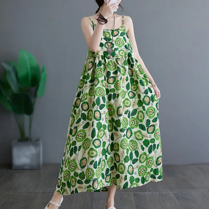 #6589 Green Red Printed Camisole Dress Women Sexy Sleeveless Spaghetti Straps Dress Ankle-length Loose A-line Dress Women Thin