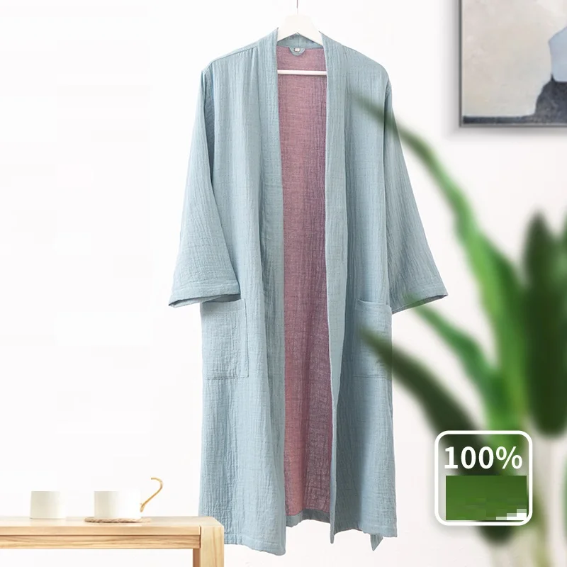 Spring Summer Pure Cotton Double Layer Gauze Bathrobe Thin Dyed Fabric Home Clothing Couples Japanese Style Kimono Robe Pajamas