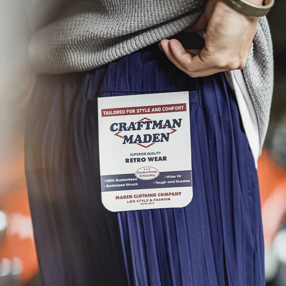 

Maden Pleated Lightweight Pants Navy Blue Trousers with Elastic Drawstring Waist Breathable Casual Sporty Pants for Men's Summer