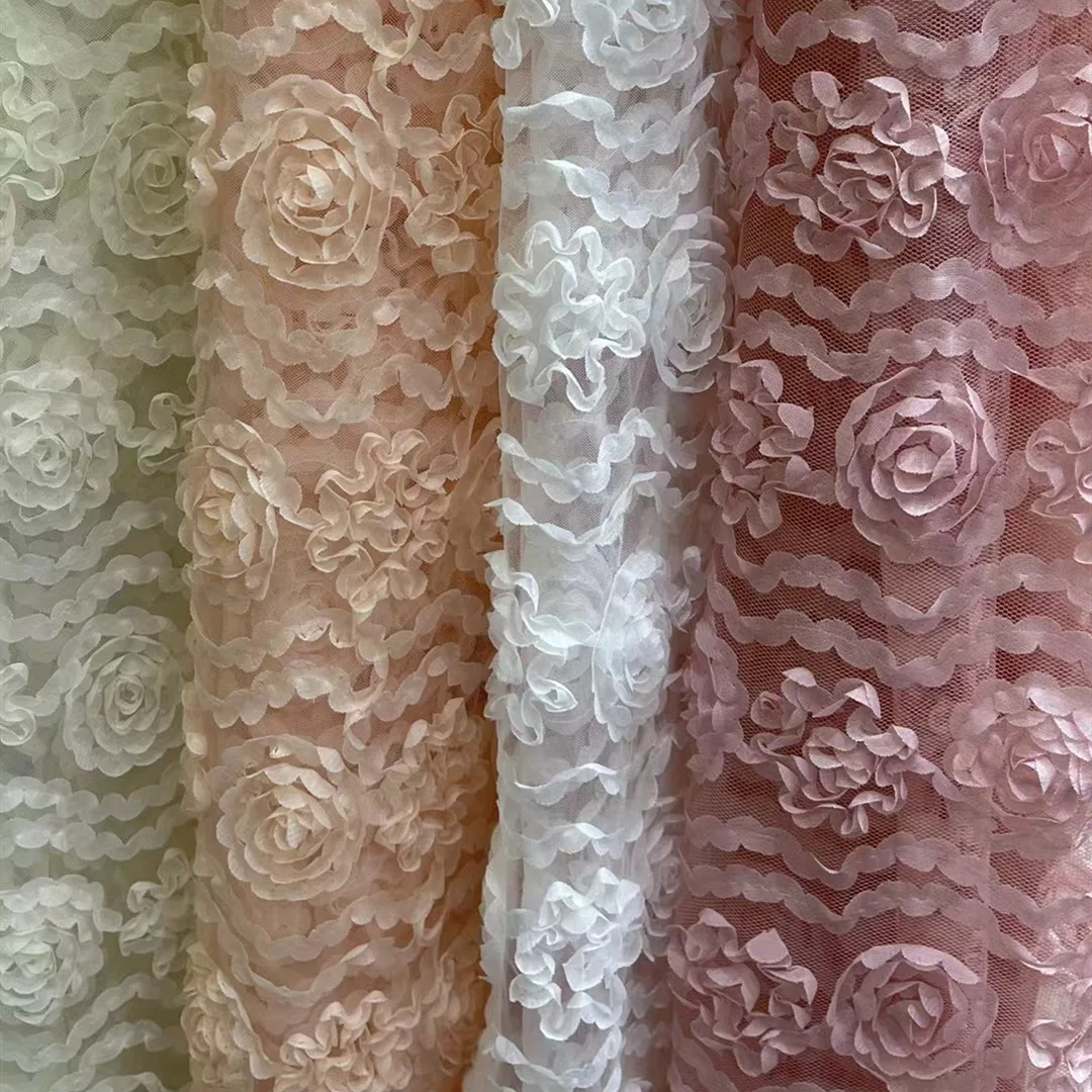 

1 Yard White/Pink 3D Daisy & Rose Embroidered Mesh Fabric – 1.5m Wide for Wedding & Stage Costumes, Elegant Vintage Styl