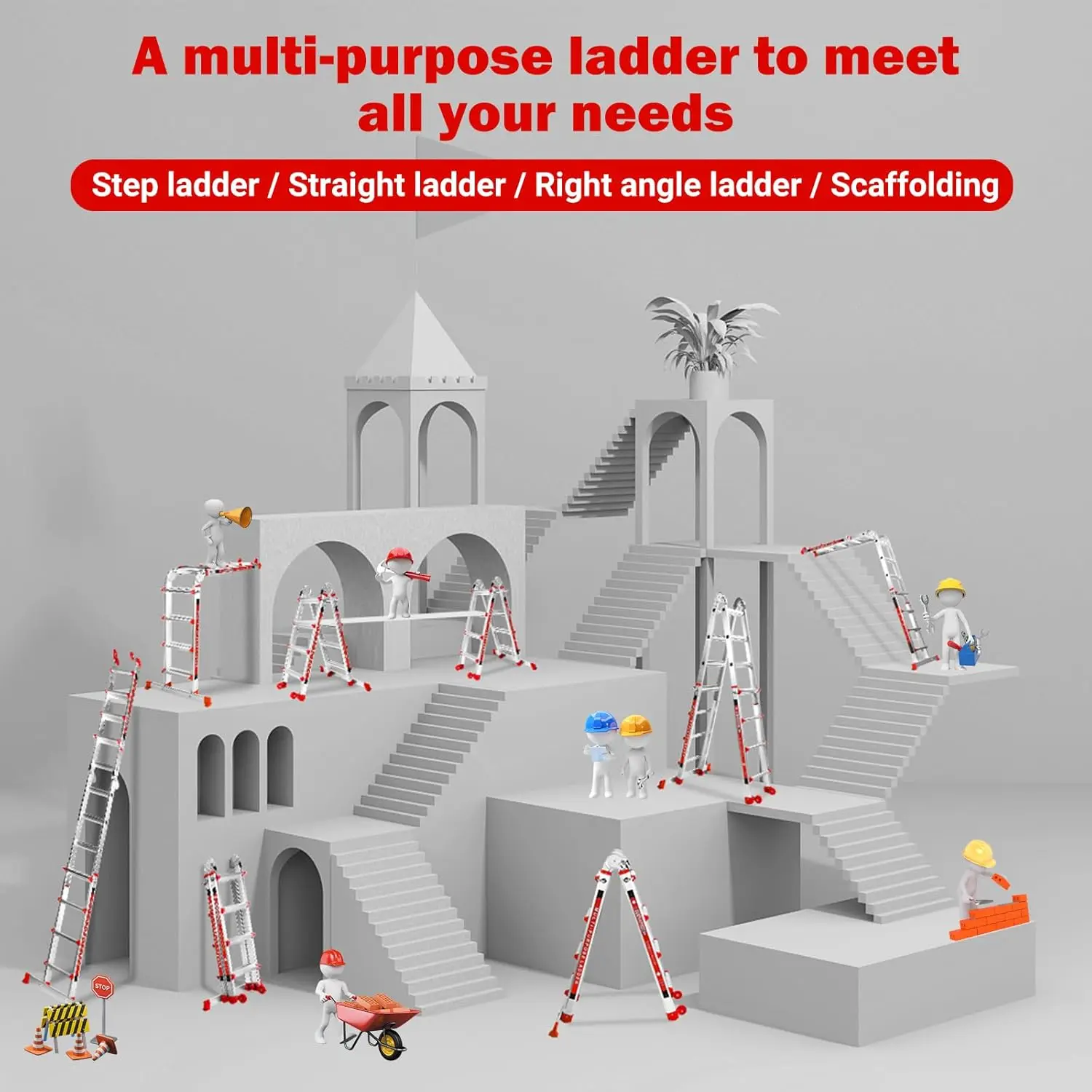 Ladder A Frame 4 Step Telescoping Ladder with Stabilizer Bar & Wheels, Heavy Duty Capacity,Collapsible Multi Position Ladder
