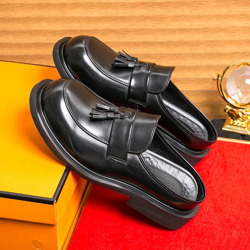 Men Fashion Tassel Shoes Black PU Thick Sole Anti slip One Step Step Business Brand Half Slippery Leather Shoes 38-46 Men Shoes