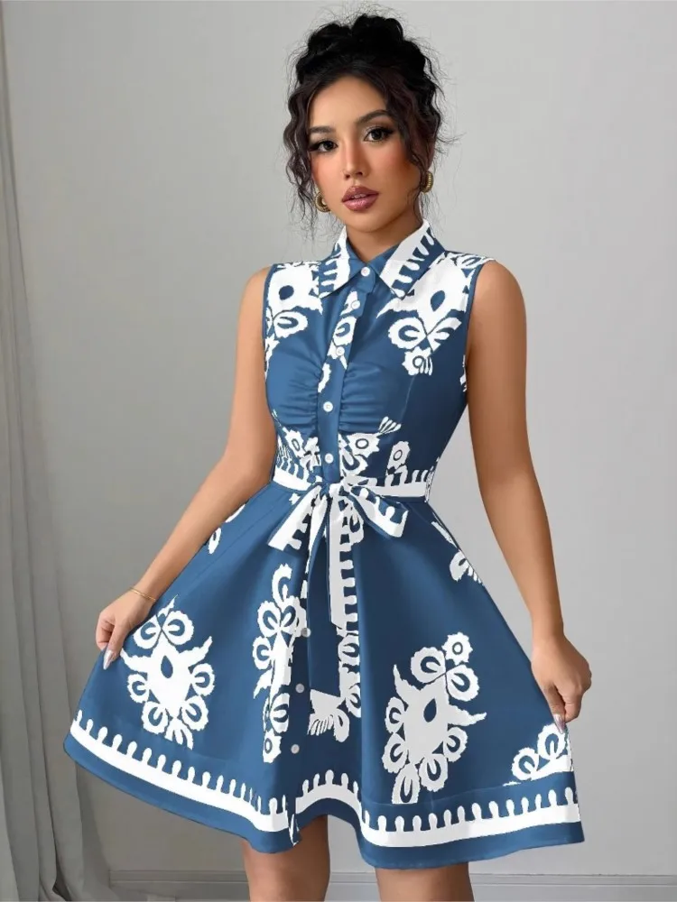 

Sleeveless Short Skirt Fashionable Temperament Summer Style Lace Up Belt Printed Sexy Single Breasted Casual Lapel Short Skirt