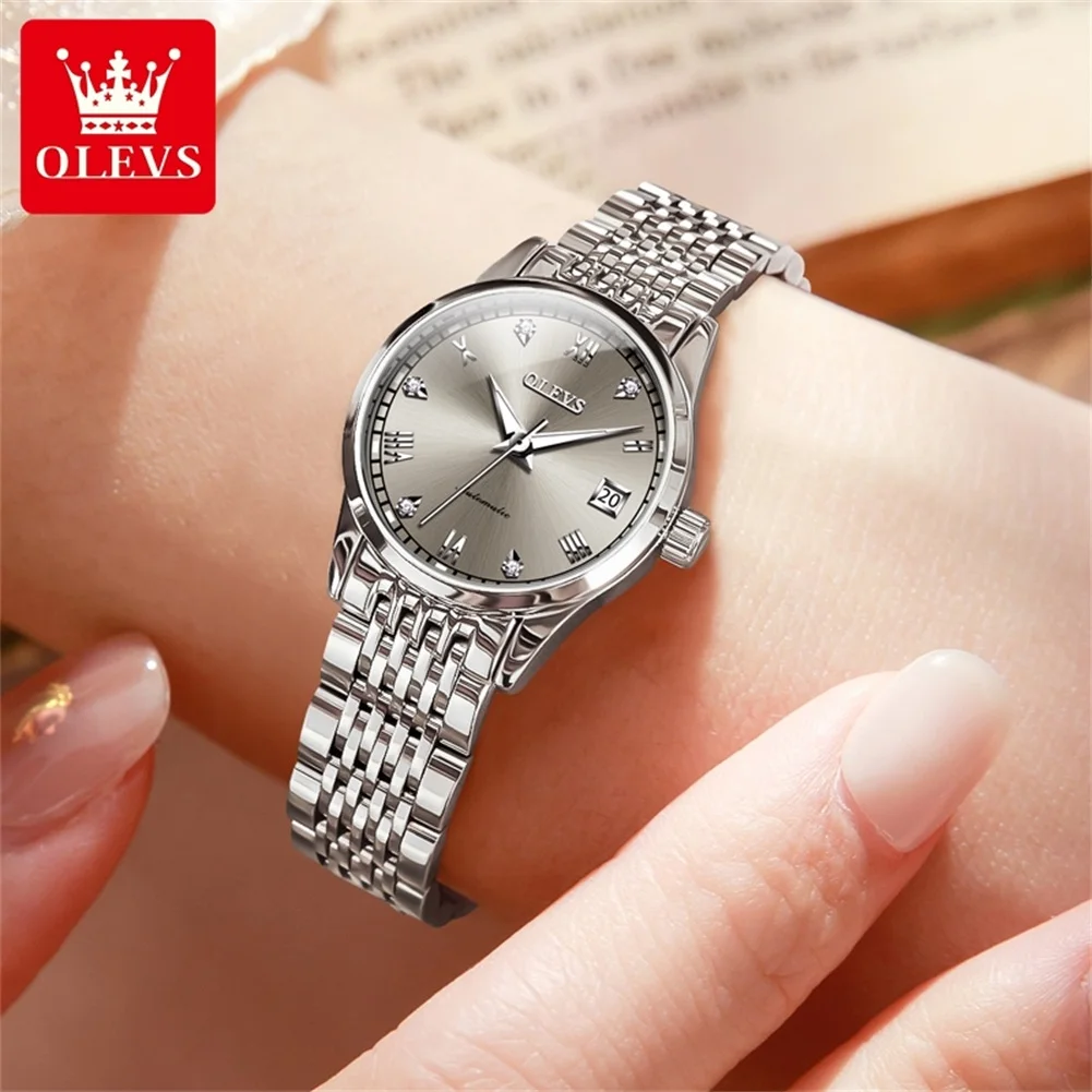 OLEVS-Montre mécanique décontractée pour femme, étanche, acier inoxydable, gris, automatique, 600