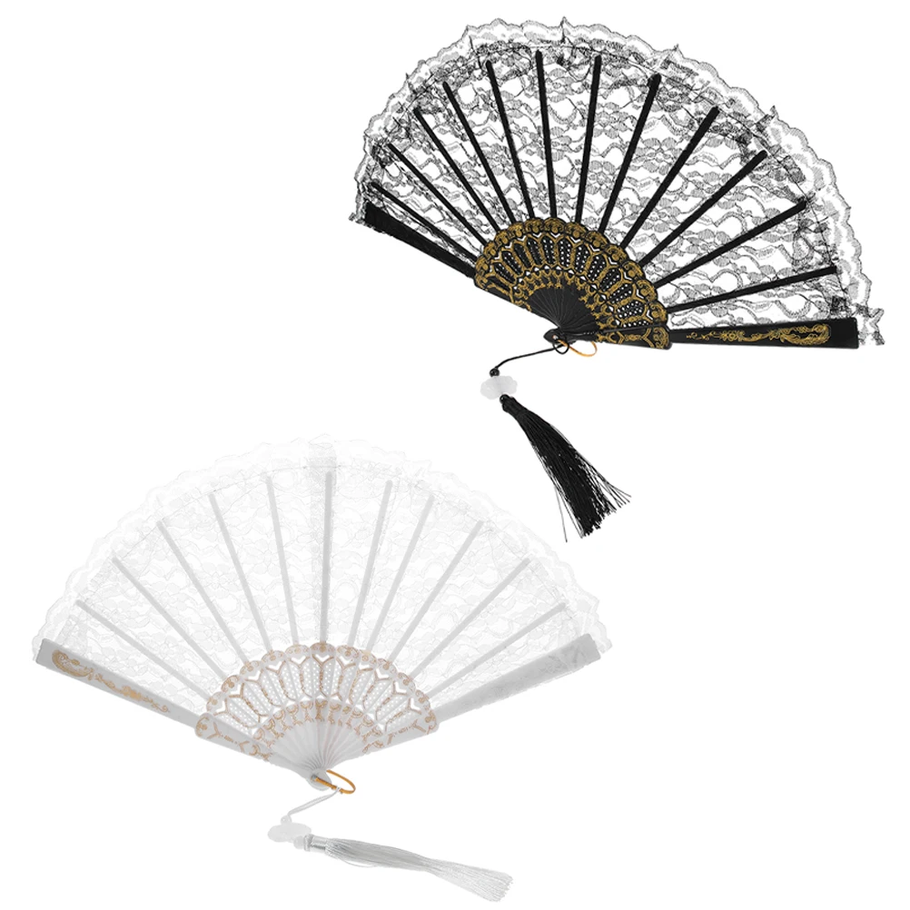

2 Pcs Lace Fans Black White Vintage H held Tassel Foldable for Wedding Party Photography Summer Travel Decorative Art Craft Fans