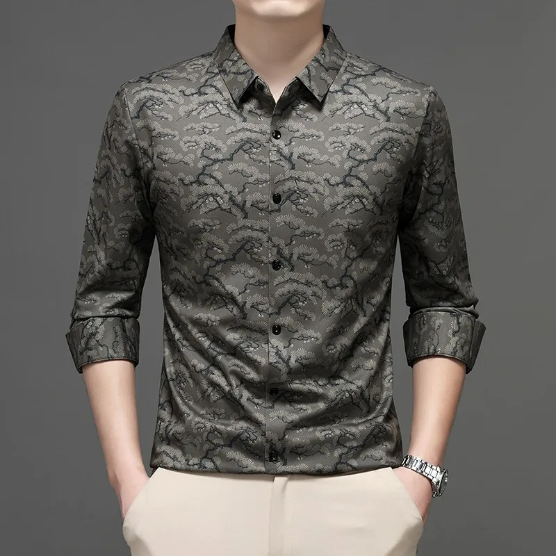 Men Dress Shirts With Fleece Keep Warm Winter Anti Wrinkle Seamless Top High End Business Long Sleeve No Iron Casual Print Shirt