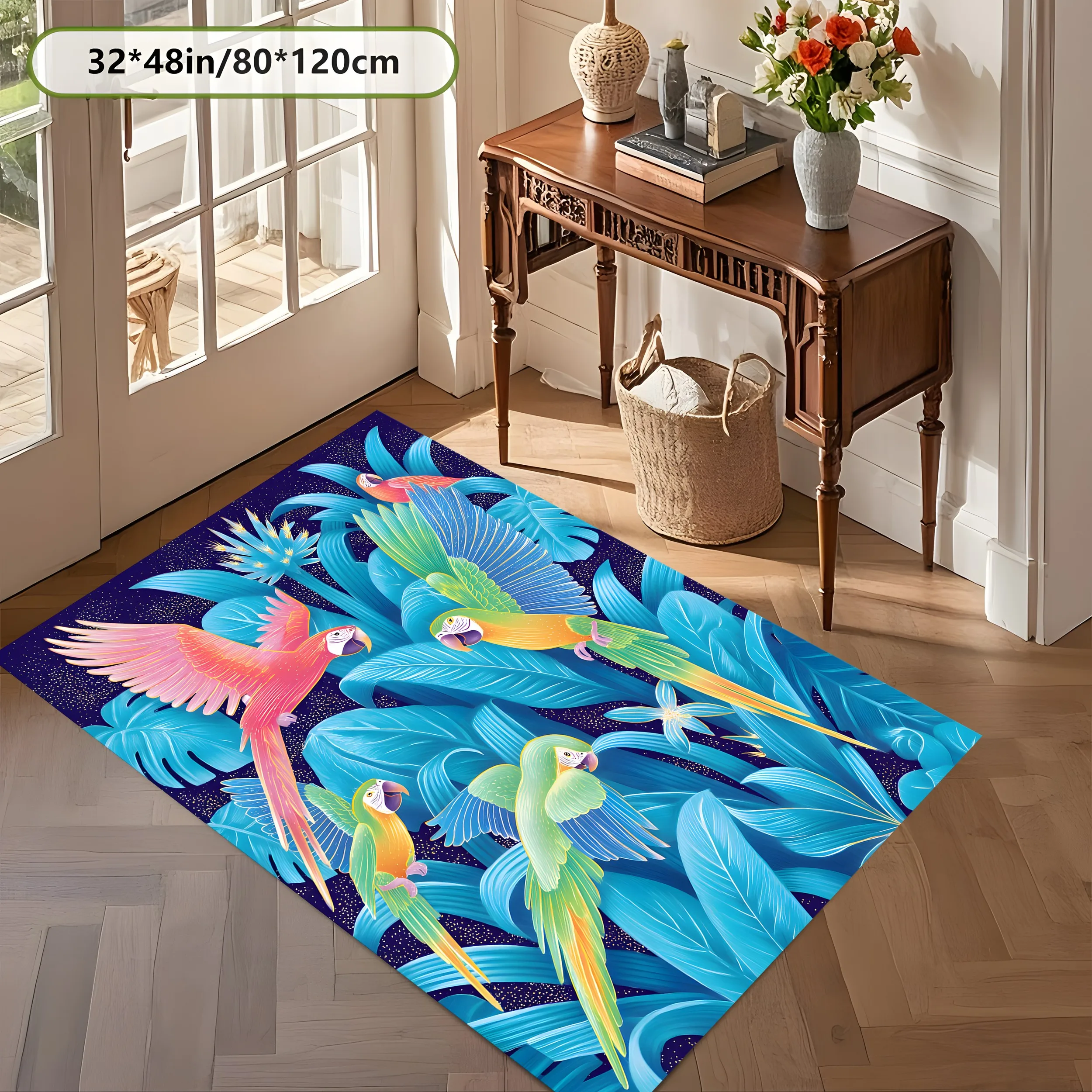 Large Area Rug Tropical Leaf Parrot Print Soft Velvet Smooth Living Room Bedroom Home Decor Area Rug