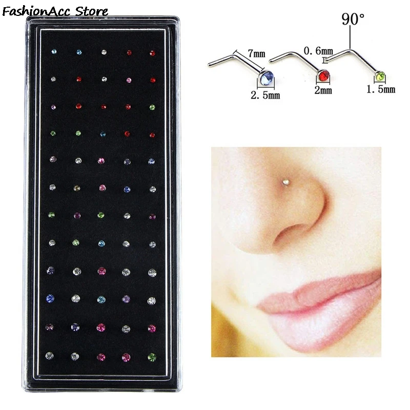 60 Pieces/pack L Sheap Stainless Steel Crystal Nose Ring Set Women Girl Surgical Steel Nose Piercing Nose Stud Lot Body Jewelry