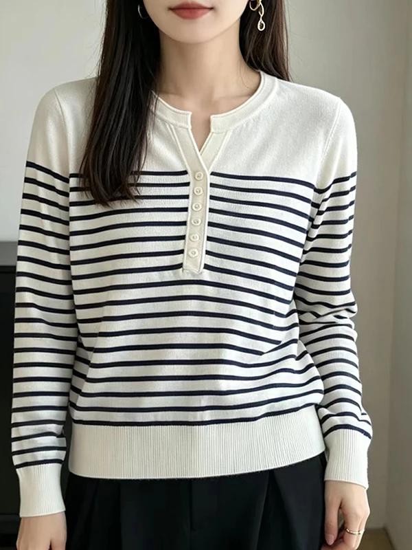 Elegant Slim Fit Woolen Knitted Sweater Women's round Neck Long Sleeve Striped Top Fashionable Inner Wear Autumn Button up