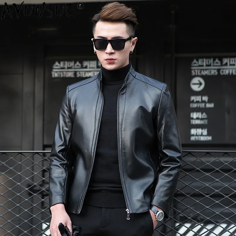AYUNSUE Fashion Men Leather Jacket Casaul Slim Stand Collar Real Sheepskin Coat Spring Men's Clothing Biker Coats and Jackets view 2