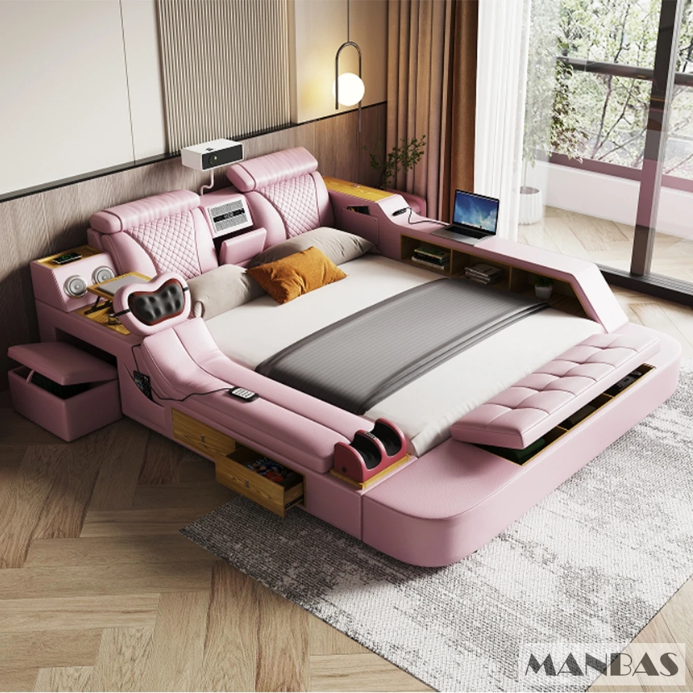 MANBAS Tech Smart Bed - the Ultimate Multifunctional Bedframe with Genuine Leather, Massage, Speaker, Projector, Air Purifier